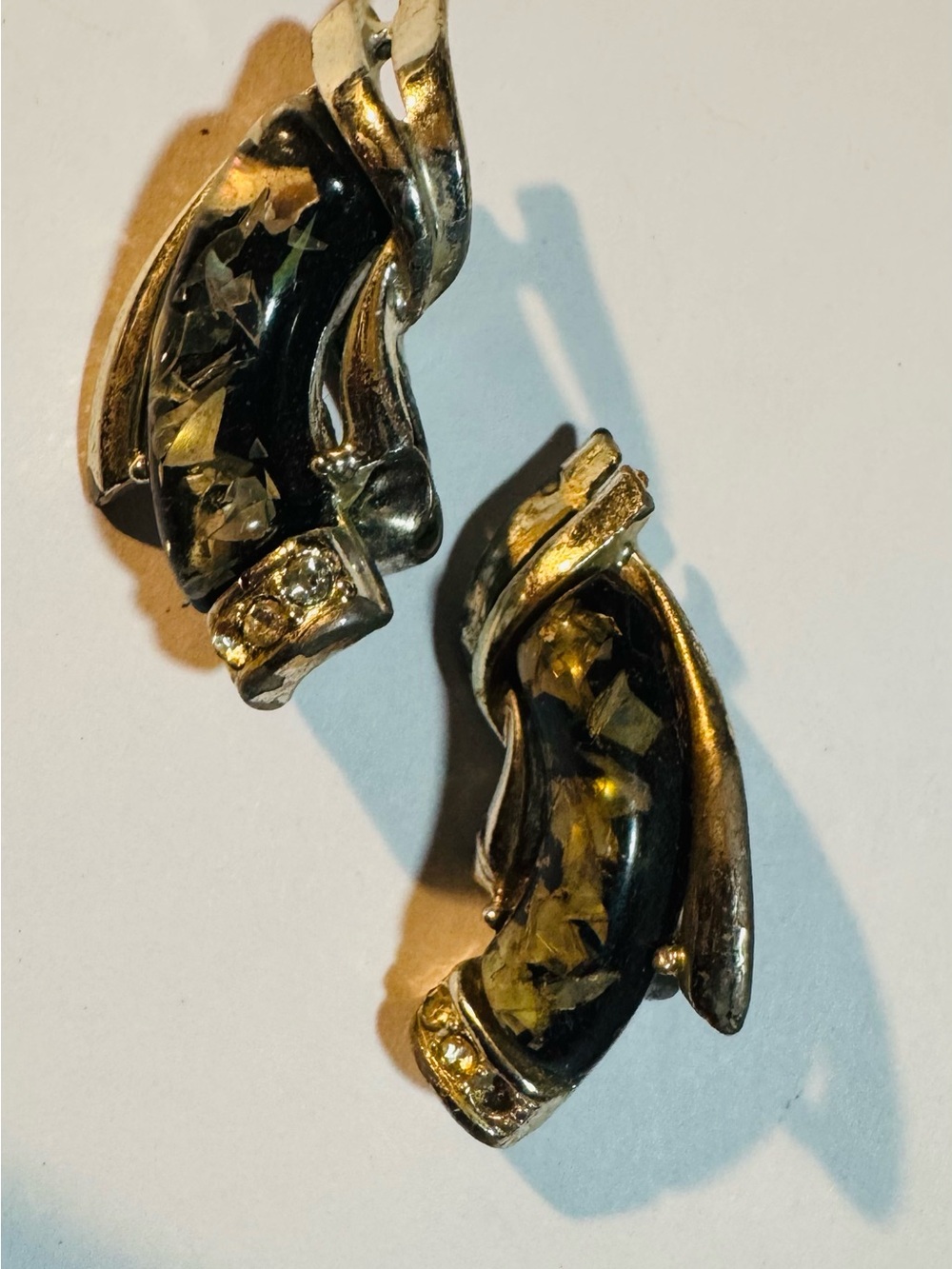 Coro Gold-Tone Black and Yellow Marbled Clip Earrings